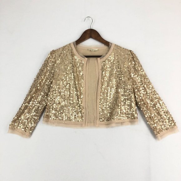 Alythea Jackets & Blazers - Alythea Women's Size Small Beige Gold Sequin 3/4 Sleeve Open Front Crop Jacket